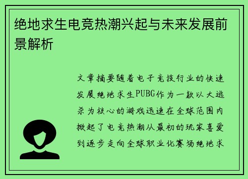 绝地求生电竞热潮兴起与未来发展前景解析